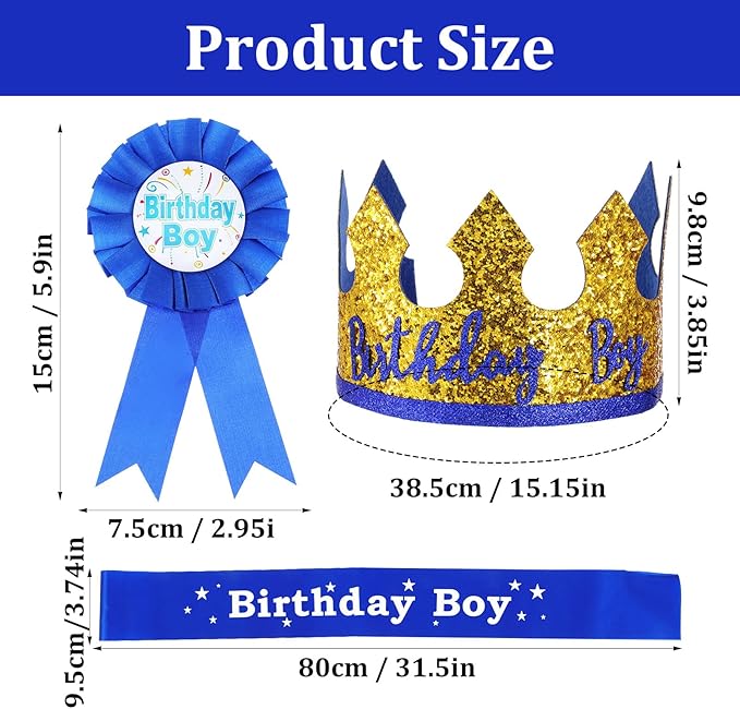 Birthday Boy Pin Sash Crown Set, Birthday Crown Costume Decorations for Boys Party Accessories (Blue)