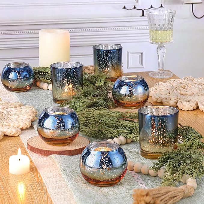 Volens 30pcs Assorted Navy Votive Candle Holders Bulk, Large Mercury Glass Votive for Wedding Table Centerpieces, Navy and Gold Themed Party Decorations and Home Decor