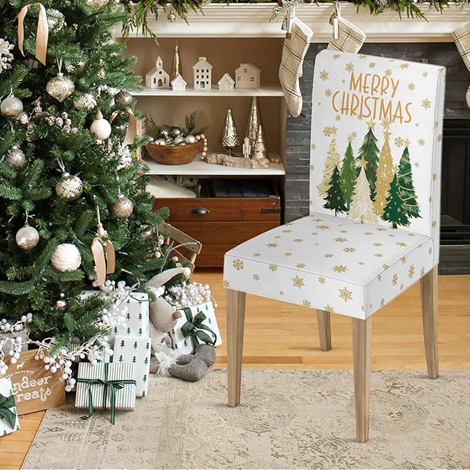 Horaldaily 4PCS Christmas Dining White Chair Covers, Christmas Pine Tree Stars Stretch Removable Washable Slipcover Chair Protector for Dining Room Home Decor