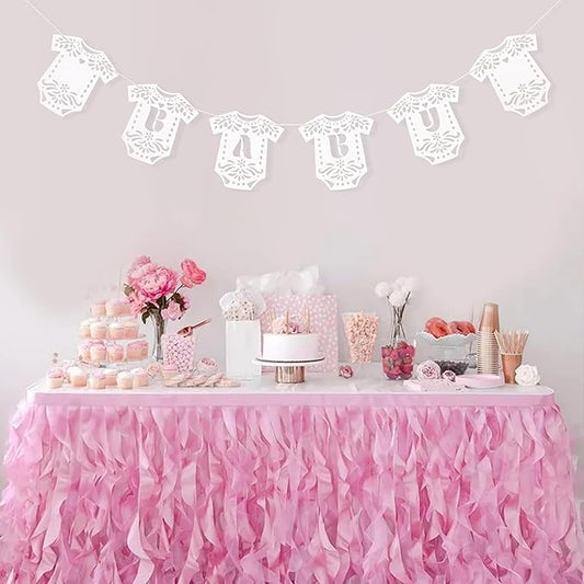 Lace Bodysuit Baby Shower Banner - Papel Picado Gender Reveal Party Decor, Baby Bodysuit Onesie Banner
