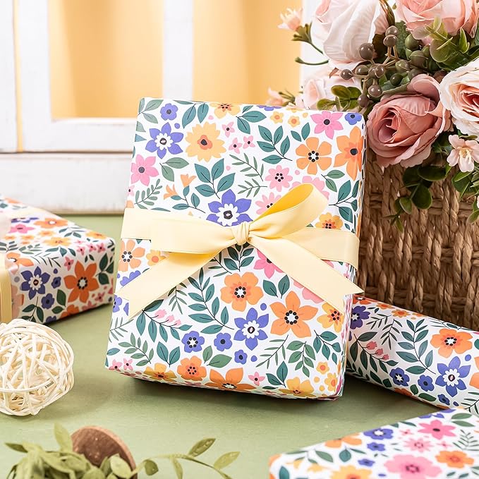 WRAPAHOLIC Kraft Floral Wrapping Paper Roll - Mini Roll - 17 Inch x 9.8 Feet - Ditsy Flower Wrapping Paper, Perfect for Wedding, Birthday, Bridal Shower, Tea Party