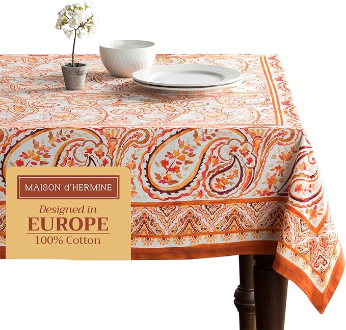 Maison d' Hermine Table Cloth Rectangle Table 100% Cotton 60 x 90 Inches Fall Tablecloth Reusable Everyday Use for Thanksgiving Christmas Decorations Dining Farmhouse Party (Palatial Paisley)
