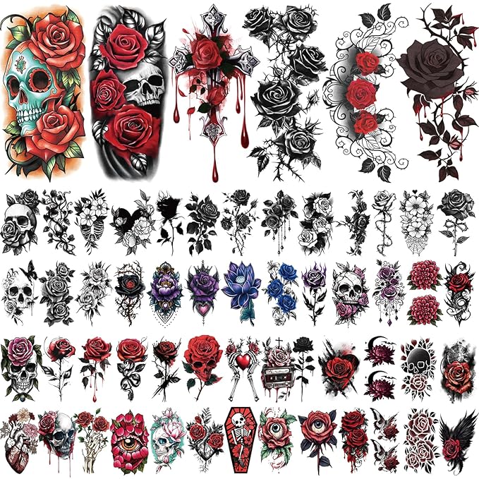 77 Sheets Skull Flower Realistic Temporary Tattoos For Women Men Adult, Large Rose Bones & Flowers Floral Fake Tattoos Girl, Skeleton and Spooky Halloween Temp Tatoo Sticker Thigh Back Leg Body Art