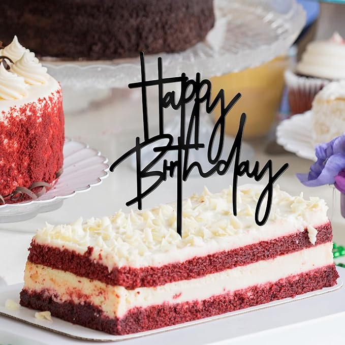 1 PCS Black Happy Birthday Cake Topper, 5.3 Inch x 7.2 Inch Acrylic Cake Topper Happy Birthday Cake Sign, Birthday Cake Decorations for Party Dessert, and Anniversary Supplies