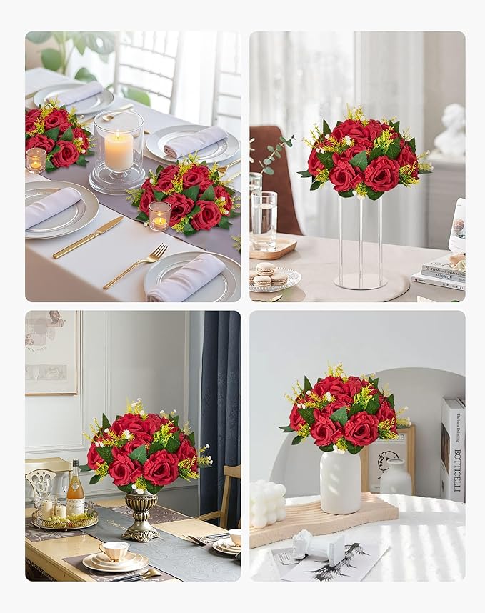 VEVOR Flower Balls Arrangement Bouquet 10 PCS, 9.5-Inch Wedding Red Roses Centerpieces, Fake Flowers Kissing Balls Decor Artificial Floral Arrangements Flower Bouquet for Home Party Table Decorations