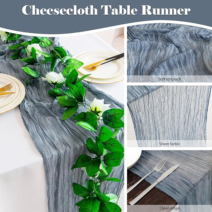6 Pack 10 Ft Cheesecloth Table Runner Dusty Blue Gauze Long Table Runners Boho Gauze Cheese Cloth Table Runner Rustic Sheer Runner for Wedding Party Table Decor ( 35 x 120 Inch )