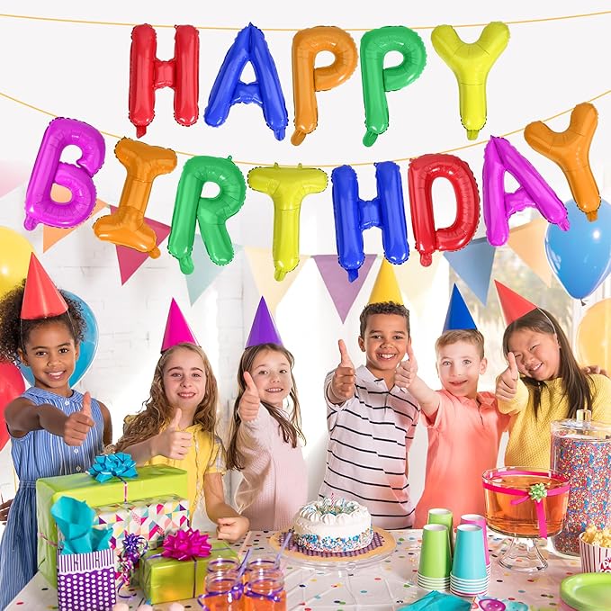 LIOZEOKUN Happy Birthday Balloon Letters 16 inch Mylar Foil Birthday Balloons Banner Sign for Birthday Party Decorations Supplies (Color)