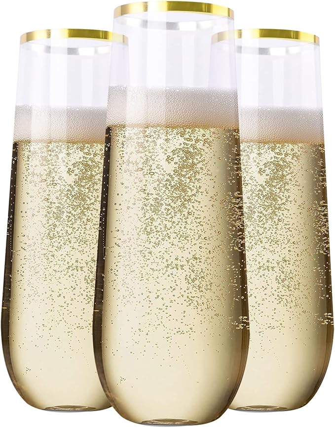SUT 24 Pieces Stemless Plastic Champagne Flutes, 9oz Gold Rim Plastic Champagne Glasses, Clear Toasting Glasses, Unbreakable, Shatterproof Cocktail Cups for party/wedding