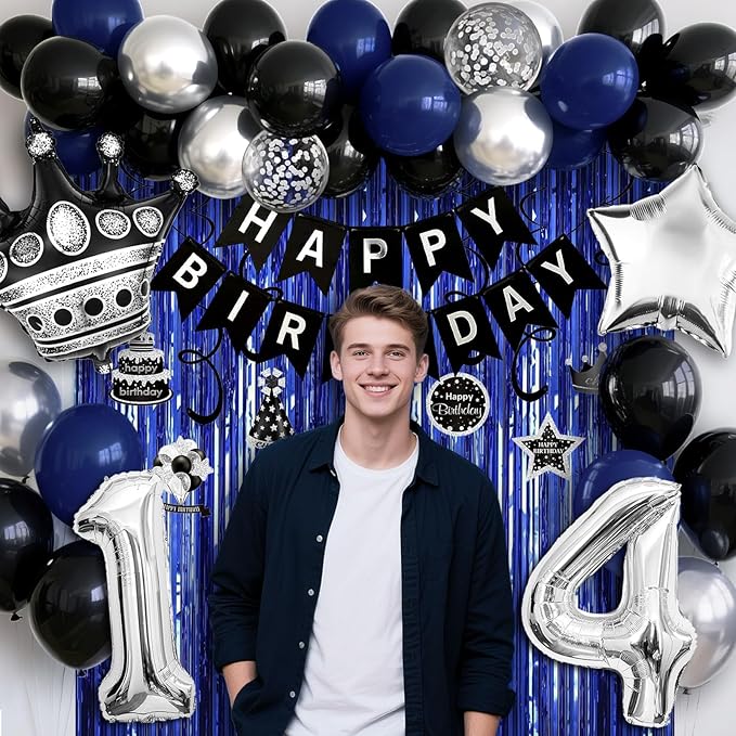 14th Birthday Decorations for Boys and Girls, Black Blue Silver Happy Birthday Number 14 Balloons, Banner, Fringe Curtains Garland Kit - 14 Year Old Party Supplies