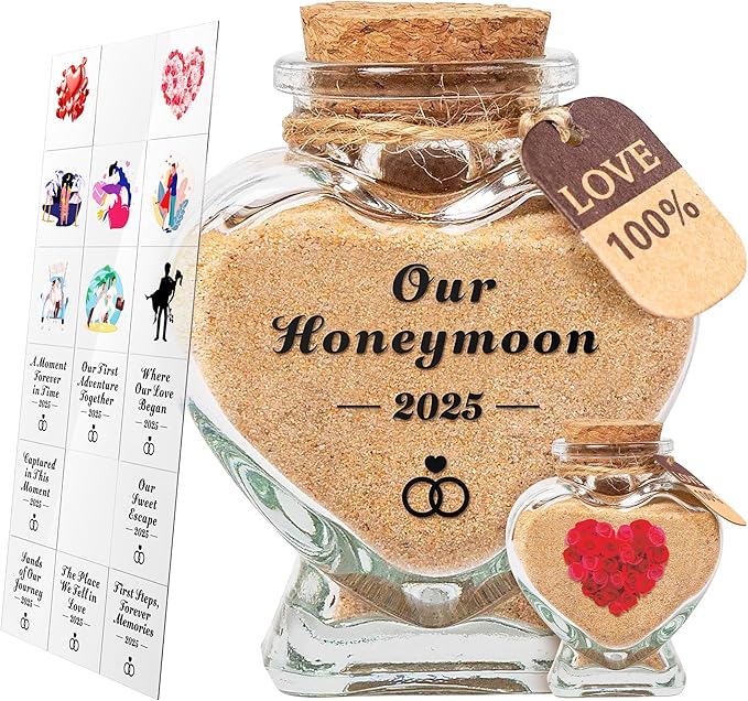 Azrra Honeymoon Sand Keepsake Jar 2025, Bridal Shower Gifts, Honeymoon Essentials for Newlywed, Engagement, Wedding Gifts for Couples 2025, Heart Shaped Jar with DIY Stickers & Gift Box