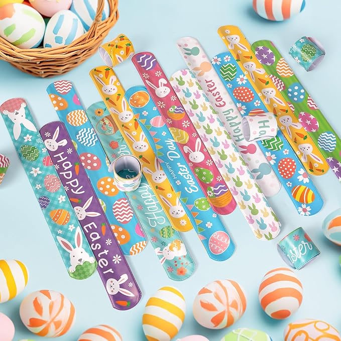 Childom 36 Pcs Easter Slap Bracelet,Easter Bunny Decorations Gifts Bracelet Decorations,Bracelets Present for Holiday Goodie Bag Stuffers,Bracelets Bulk for Birthday School Classroom Prizes Outdoor