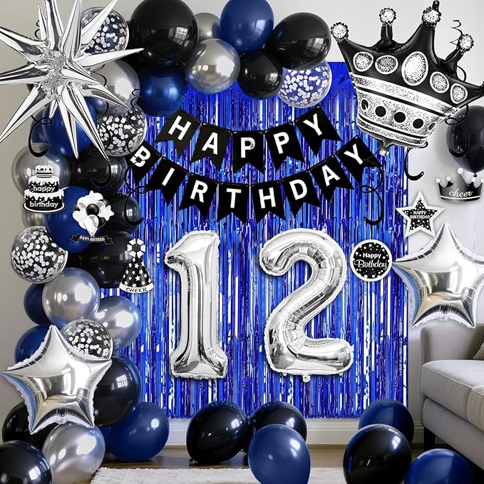 12th Birthday Decorations for Boys and Girls, Black Blue Silver Happy Birthday Number 12 Balloons, Banner, Fringe Curtains Garland Kit - 12 Year Old Party Supplies