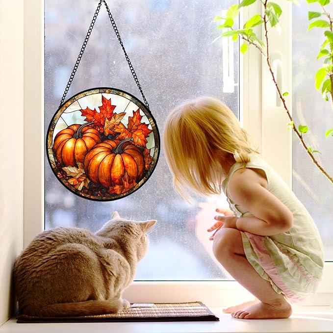 Stained Glass Window Hanging, Pumpkin Maple Leaf Suncatcher for Doors Home Sun Catchers Decoration and Christmas, Mother's Day Birthday Gifts for Women, Men, and Mom 9.8 in