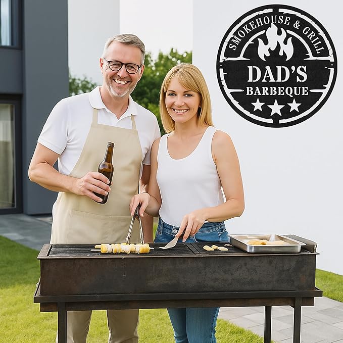 Custom BBQ Metal Sign Personalized Grill Name Wall Art for Outdoor Kitchen Patio Backyard Decor Fathers Gift for Dad Grandpa Husband Barbecue Smoker Area Sign, Grilling Lover Gifts 53