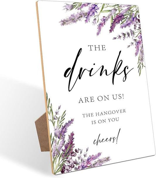 Drink Signs for Party, Lavender Bridal Shower Decorations, Wedding Reception Table Decorations, Engagement Party Decor, Floral Wooden Sign with Stand for Wedding Reception And Bridal Party Decor, 39