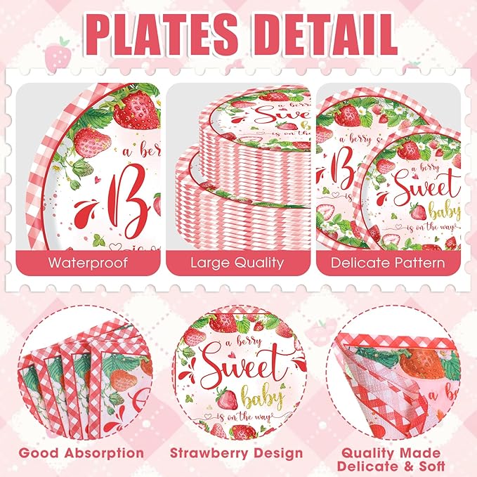 250 Pcs Strawberry Baby Shower Party Supplies for Girls Strawberry Paper Plates Napkins and Cups Party Tableware Set A Berry Sweet Baby Is on The Way Berry Shortcake Decorations, Serves 50