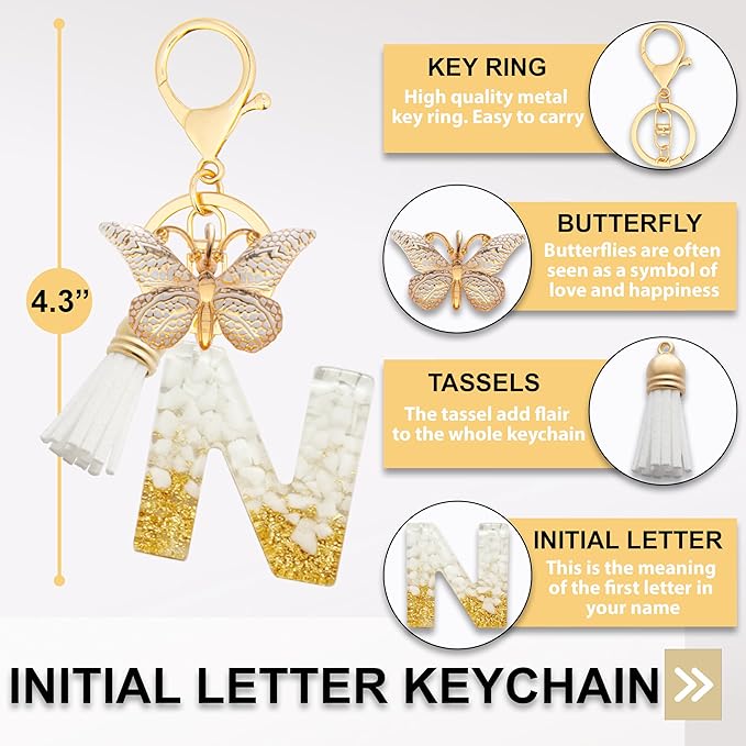 Initial Letter Keychain, Butterfly Keychain Cute Resin, Initial Keychain Backpack Charms, Key chain for Women, Girls