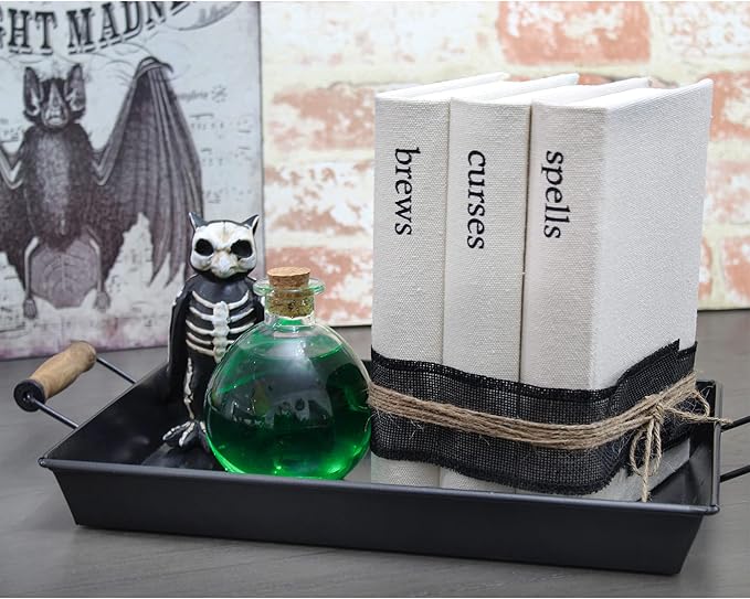AuldHome Design Halloween Faux Book Stack; Decorative Witches’ Book Set w/ Burlap Ribbon Wrap