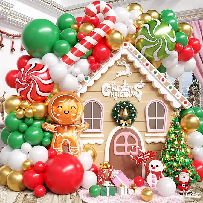 Christmas Balloon Arch Kit, Gingerbread Man Balloon Garland with Green Red White Balloons Candy Cane Foil balloons for Christmas Party Decorations Xmas Party Supplies