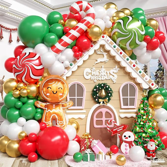 Christmas Balloon Arch Kit, Gingerbread Man Balloon Garland with Green Red White Balloons Candy Cane Foil balloons for Christmas Party Decorations Xmas Party Supplies