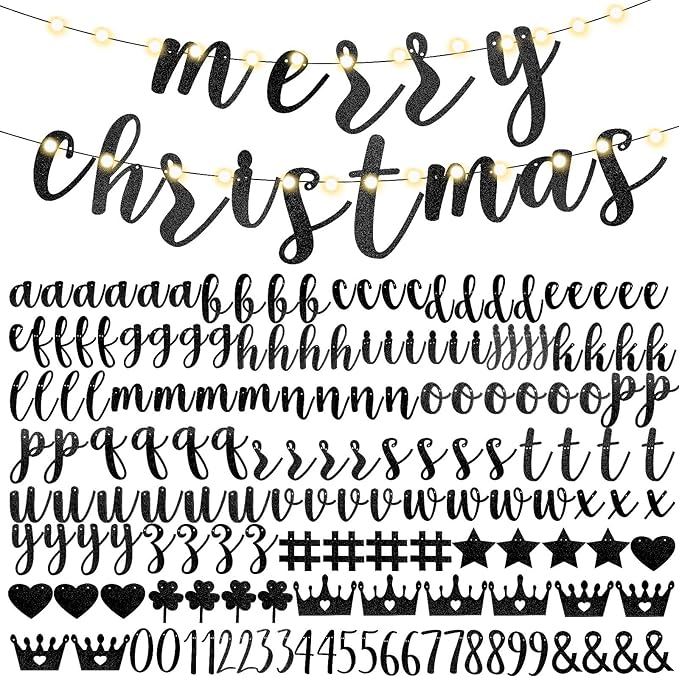 TaoBary 167 Pcs DIY Banner Kit Happy Birthday Glitter Banner Customizable Glitter Make Your Own Kit 162 Letters Symbols and Numbers 3 Rope for Birthday Halloween Wedding Christmas(Black)