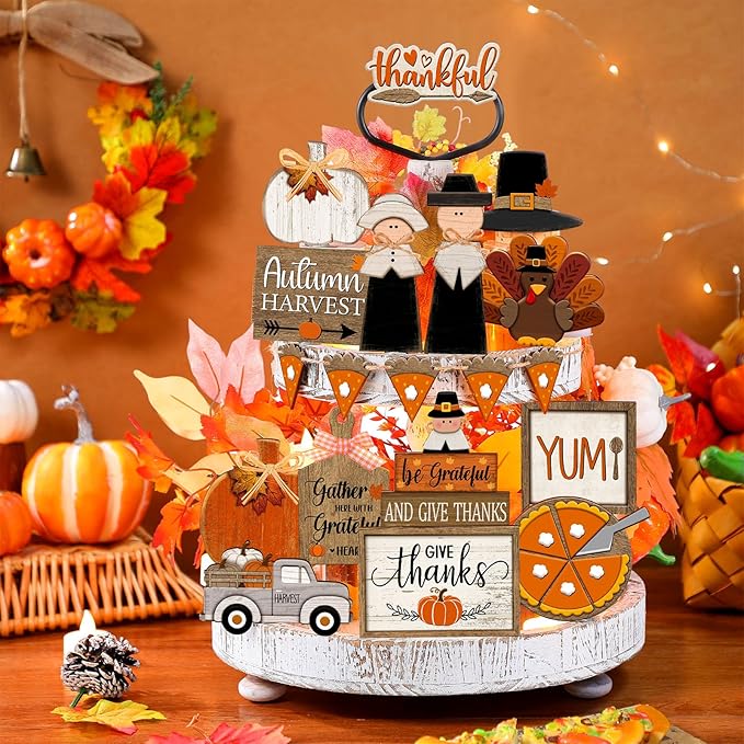 21 Pcs Thanksgiving Tiered Tray Decoration Set Fall Thanksgiving Table Sign Turkey Pumpkins Farmhouse Decor Gnome Maple Leaves Centerpieces Harvest Wood Blocks Tabletop Signs for Autumn