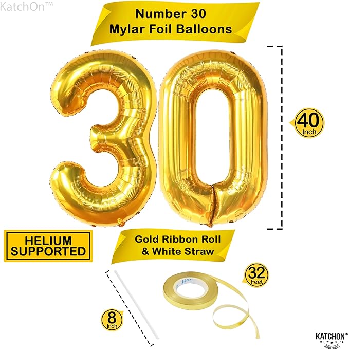 Katchon, Gold 30 Balloon Numbers - 40 Inch | Gold 30th Birthday Balloons for Happy 30th Birthday Decorations for Him | 30th Balloons for Her | 30th Anniversary Decorations | Gold Birthday Decoration