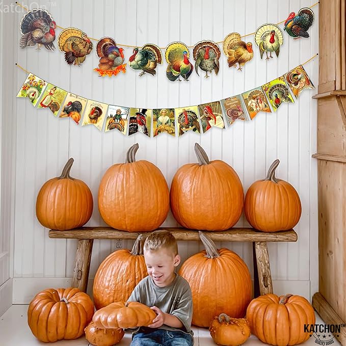 KatchOn, Vintage Thanksgiving Banner - 10 Feet, 2 Strings | Turkey Banner for Turkey Decoration | Vintage Thanksgiving Decorations Indoor, Harvest Decorations