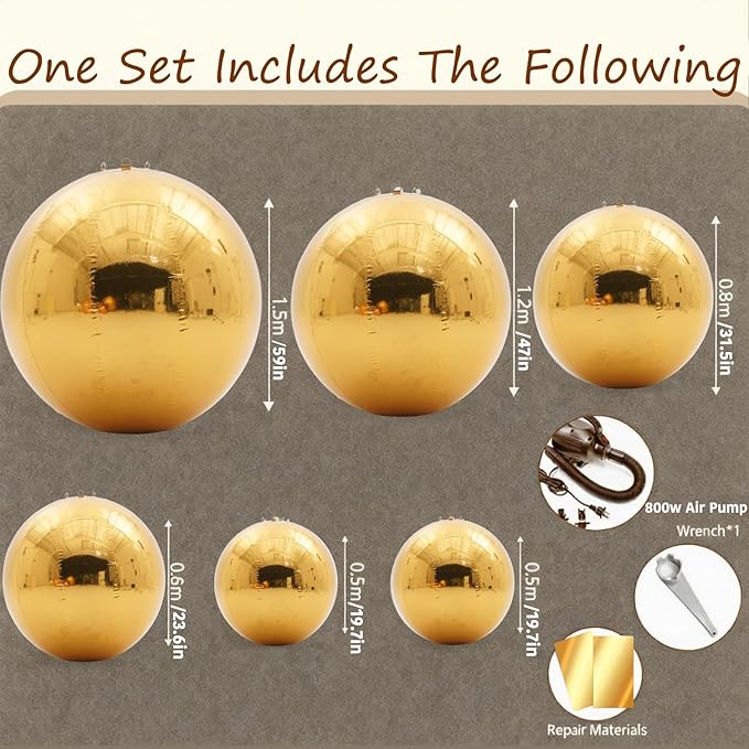 6PCS Gold Inflatable Mirror Ball,Big Shiny Balls Inflatable,Reusable PVC Mirror Balls,Large Hanging Balloon Disco Ball with Air Pump for Wedding Event Birthday Party Decor