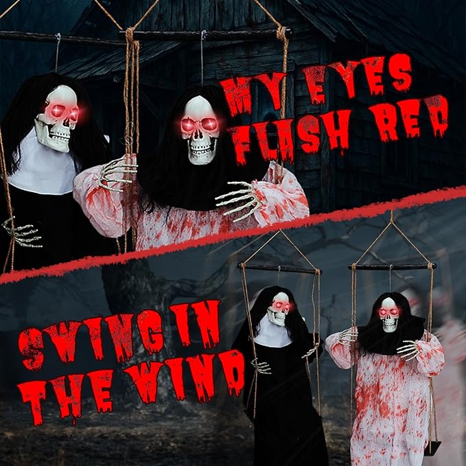 VINGLI Halloween Hanging Swining Skeleton Ghost with Creepy Sounds & Flashing Red Eyes, Scary 2 Pack for Indoor Haunted House Party & Outdoor Graves Scary Yard Garden Lawn Decoration.