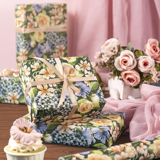 WRAPAHOLIC Kraft Floral Wrapping Paper Roll - Mini Roll - 17 Inch x 16.5 Feet - Vintage Flower Wrapping Paper Perfect for Wedding, Birthday, Bridal Shower, Tea Party