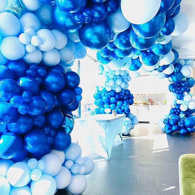 Blue Balloon Garland Arch Kit 12 Inch 90 Pcs Metallic Chrome Pearl Baby Light Dark Royal Blue Latex Balloons for Winter Wonderland Baby Shower Birthday Wedding Ocean Party Decor