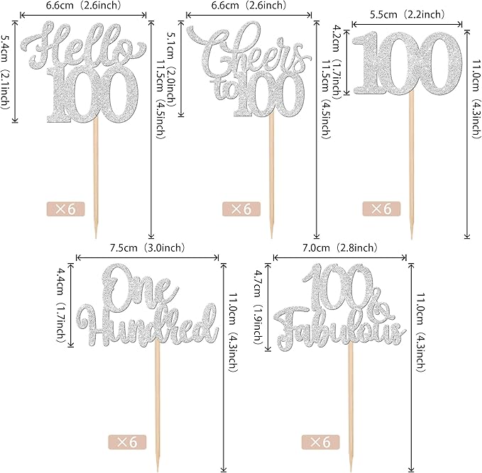 30PCS Happy 100th Birthday Cupcake Toppers One Hundred Cheers to 100 Years Birthday Cupcake Picks Hello 100 Fabulous Cake Decorations for Happy 100th Birthday Anniversary Party Supplies Silver