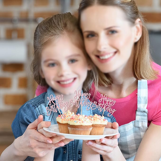 24 PCS Happy Birthday Cupcake Toppers Glitter Picks for Celebrating Anniversary Theme Party Cake Decorations Supplies Light Pink