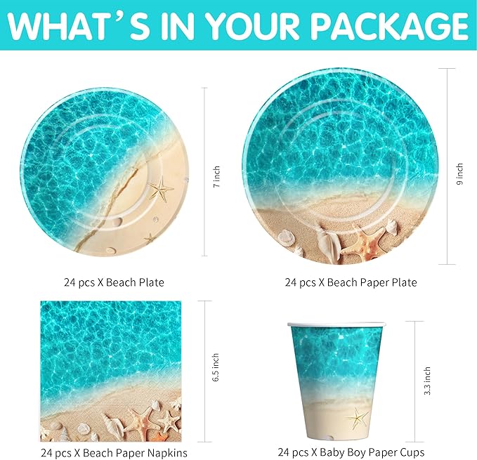 Beach Party Decorations, Ocean Seashell Party Supplies, Plate, Cup, Napkin, Tablecloth, Cutlery, Banner, Ocean Beach Table Decorations For Birthday Baby Shower Wedding, Serves 24