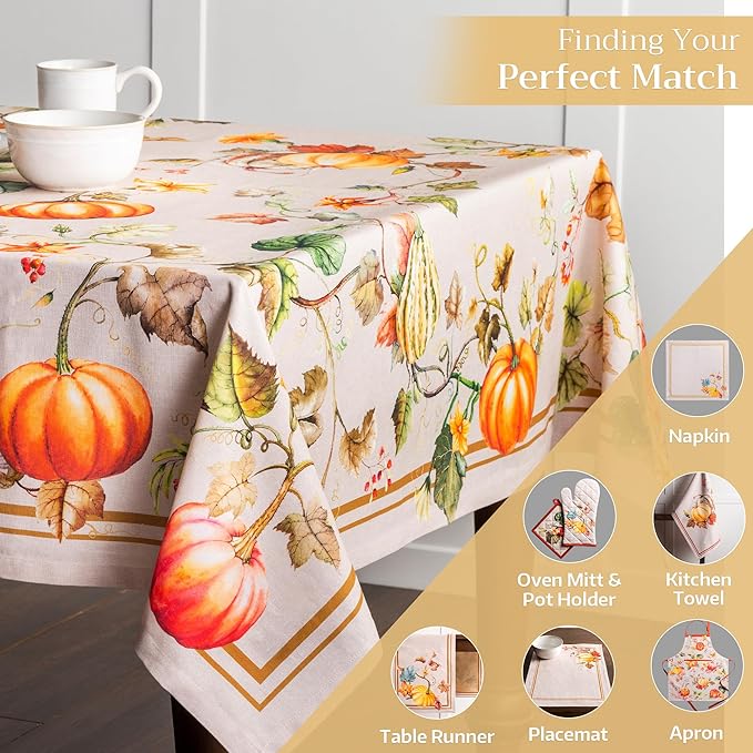 Maison d' Hermine Table Cloth Rectangle Table 100% Cotton 70 x 90 Inches Fall Tablecloth Reusable Everyday Use for Thanksgiving Christmas Decorations Dining Farmhouse Party (Potiron)