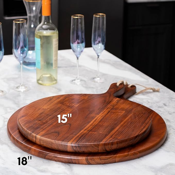 BIRDROCK HOME Acacia Wooden Cheese Serving Board with Handle - Charcuterie, Appetizers, Kitchen Platter, Grazing Board, Pizza, Meat, Bread, Cutting, Party, Food Display Tray - Espresso, 15", Round