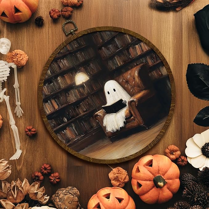 Funny Halloween Ghost Round Wall Art,Gothic Canvas Wall Hanging Decor, Spooky Farmhouse Vintage Round Wall Art for Bedroom Living Room Entryway, Rustic Ghost Gothic Wall Decor,Gift for Halloween 10x10Inch (Dark-Ghost01)