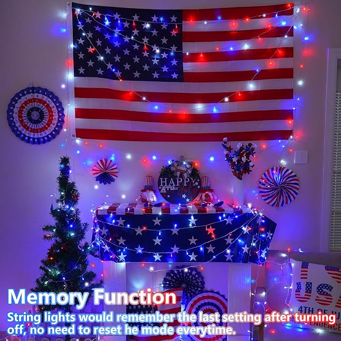 YEGUO 165ft 500 LED Red White and Blue Lights, 4th of July Decorations String Lights Plug in Indoor Outdoor, 8 Modes Clear Wire Patriotic Light for Independence Day Holiday Memorial Day Party Decor