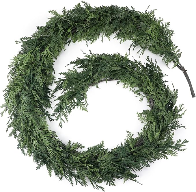 Jutom 1 Pcs 6 ft Christmas Cedar Garland Greenery Realistic Cedar Pine Needles Garland Artificial Decoration for Table, Mantel, Wall, Home Winter Holiday Party Decor