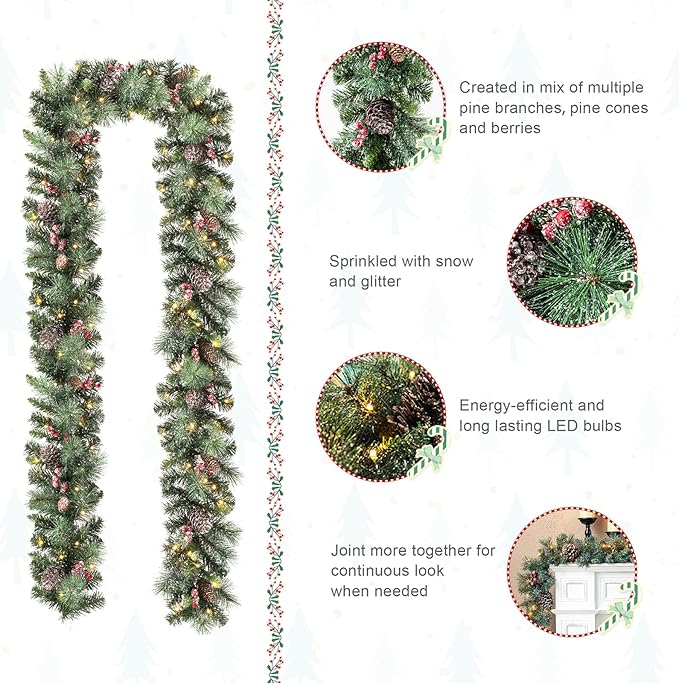 Glitzhome 2PK 6ft Christmas Garlands with Lights, Glittered Pinecones and Berries Greenery Christmas Garlands with 50 Warm White Lights and Timer for Christmas Holiday Party Hanging Decorations