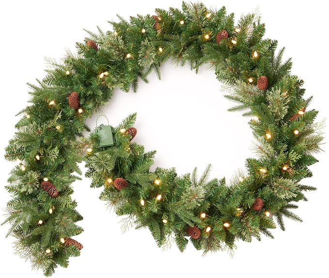 9Ft Pre-lit Christmas Garland with 50 LED Lights Battery Operated,Holiday Decoration Stairs Wall Mantle Door Indoor Outdoor