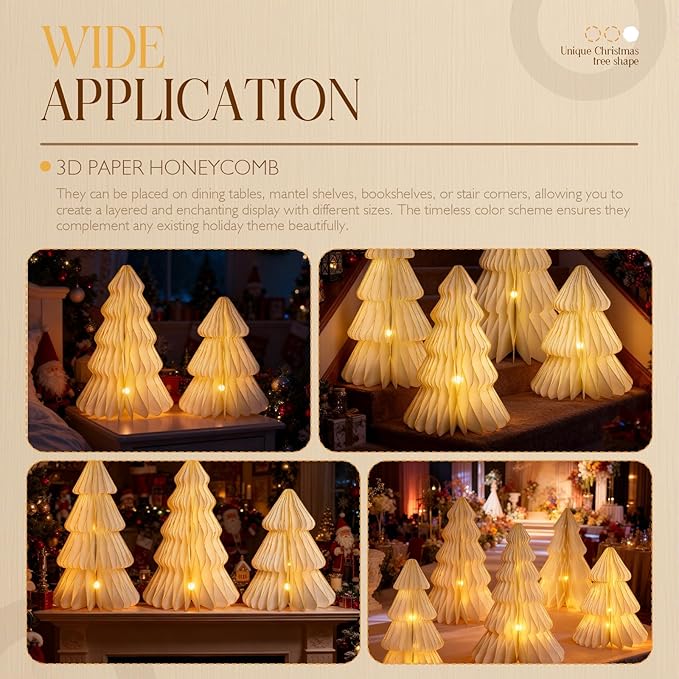 Christmas Table Decorations Indoor, 5 Pcs Large White Honeycomb Paper Christmas Trees, Vintage Light Up Table Centerpieces for Xmas Winter Wonderland Holiday Party Weddings Home Decor, 12/14/16 Inch