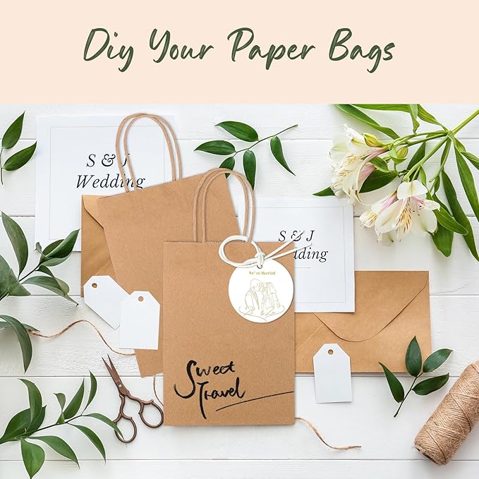 GSSUSA 100 Pack Paper Gift Bags 5.25x3.75x8 Inch Small Brown Paper Bags with Handles Bulk, Brown Kraft Bag for Small Business, Sturdy Grocery Retail Shopping Birthday Party Favor Craft Bag （Made in USA）