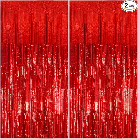 2 Pack Foil Curtain Backdrop Red Metallic Tinsel Foil Fringe Curtains Photo Booth Props for Birthday Wedding Engagement Baby Shower Bachelorette Christmas Holiday Celebration Party Decorations
