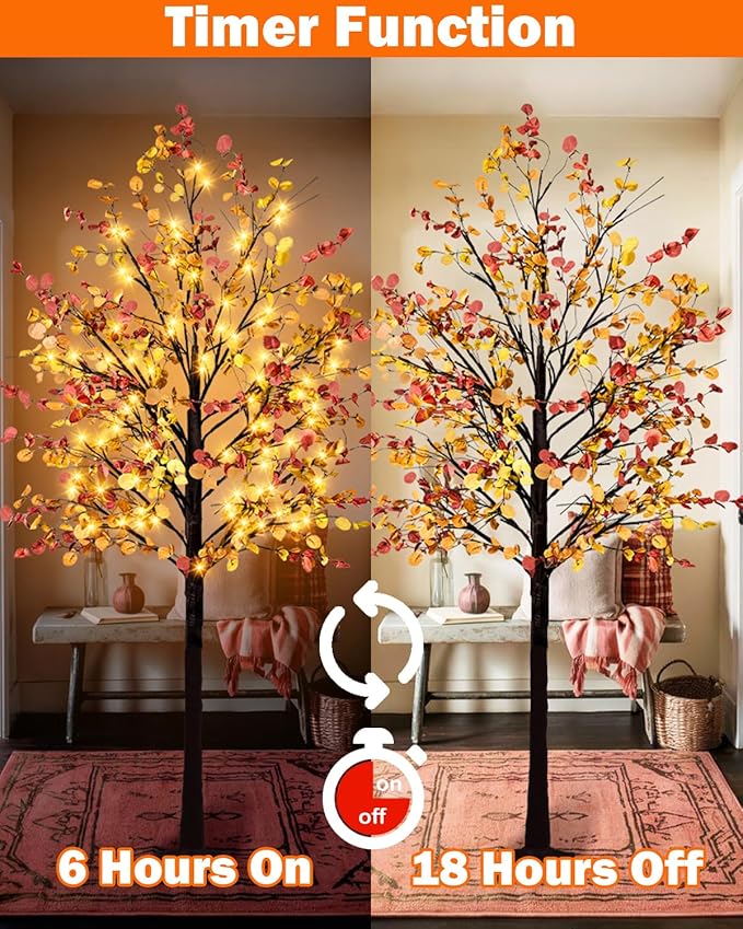 Lighted Fall Eucalyptus Tree, 7FT Faux Fall Tree with 128 Led Lights Artificial Autumn Light Up Eucalyptus Tree for Indoor Outdoor Harvest Fall Thanksgiving Decor