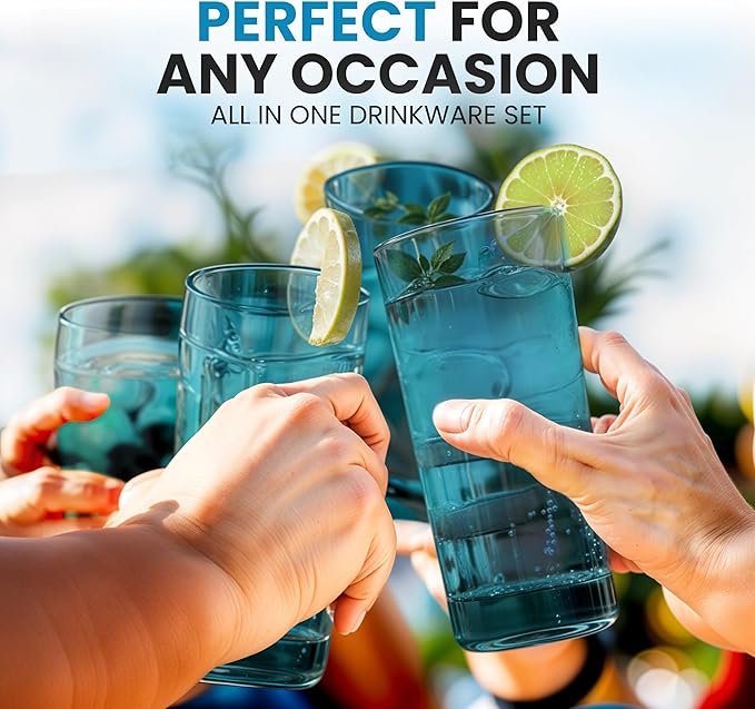 Zulay Kitchen Acrylic Glasses Drinkware - 6 Piece Unbreakable Plastic Tumblers - BPA-Free, Reusable Plastic Drinking Glasses for Home & Outdoors - Lead-Free & Dishwasher Safe - Turquoise - (16oz)