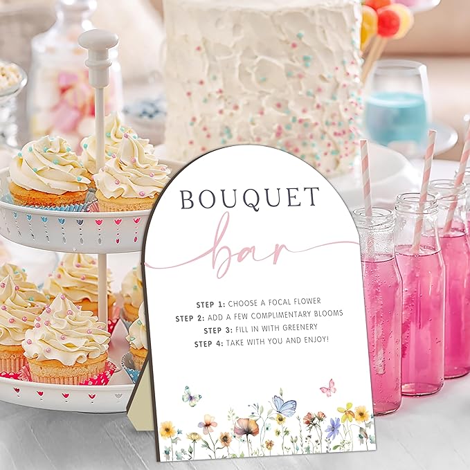 Bouquet Bar Wooden Sign, Flower Table Signs for Gender Reveal Party, Tabletop Welcome Sign for Baby Shower, Floral Station Board for Baby Party, DIY Bloom Bouquet Table Decor Sign with Stand 8x10In