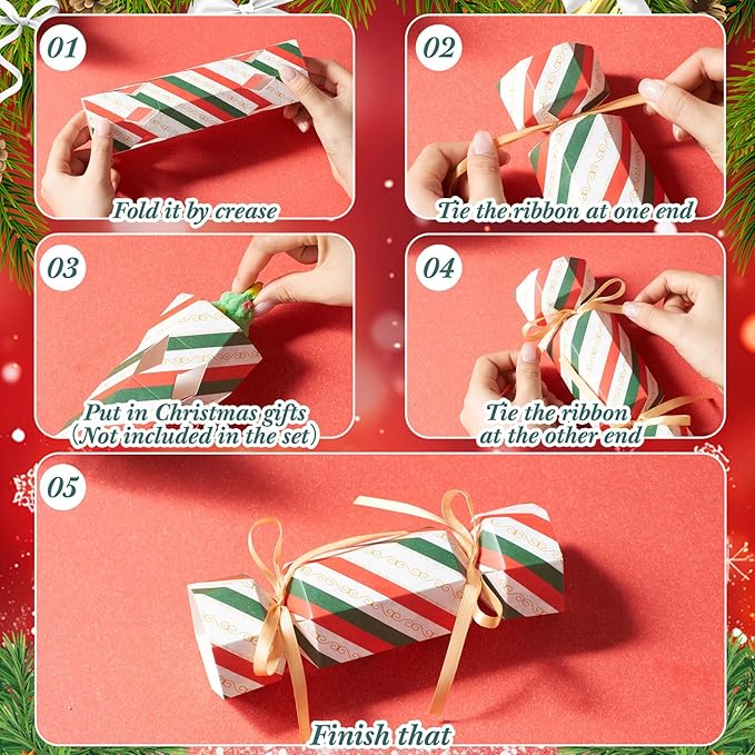Xinnun 50 Packs Christmas Cracker Kit No Snap Xmas Party Table Favors Snowflake Reindeer DIY Christmas Party Cracker Candy Boxes for Holiday Dinner Decoration Gift(Diagonal Stripes)