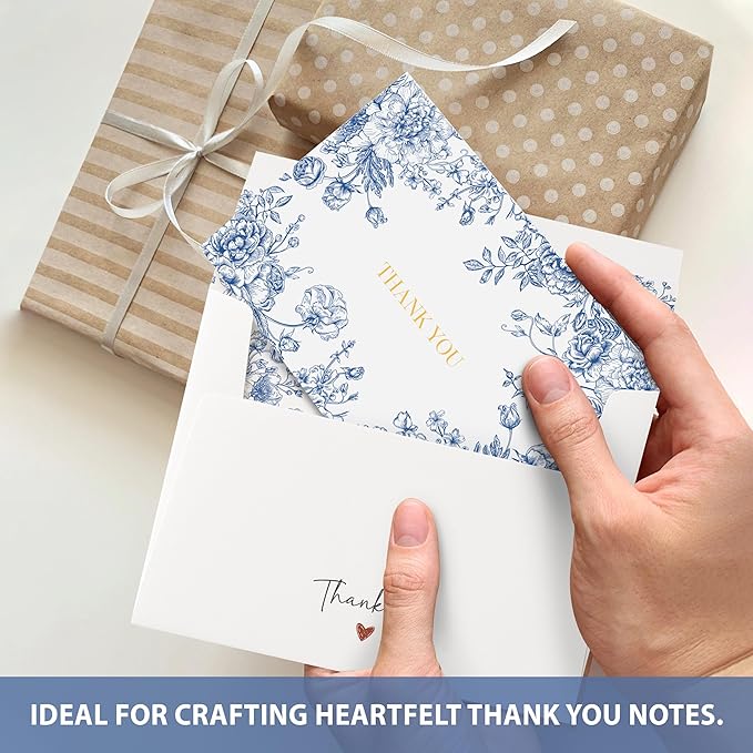 AUDREE 50 Gold Foil Thank You Cards with Envelopes (4x6) - Elegant Blue Floral Thank You Cards with Matching Adhesive Envelopes - Perfect for Wedding, Bridal Showers, Baby Showers, All Occasion